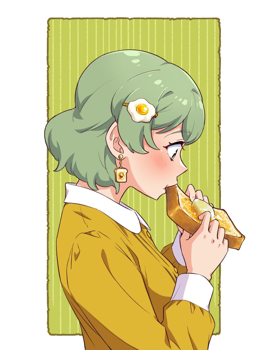 1girl, biting, bread, bread_slice, butter, earrings, eating, edomon-do