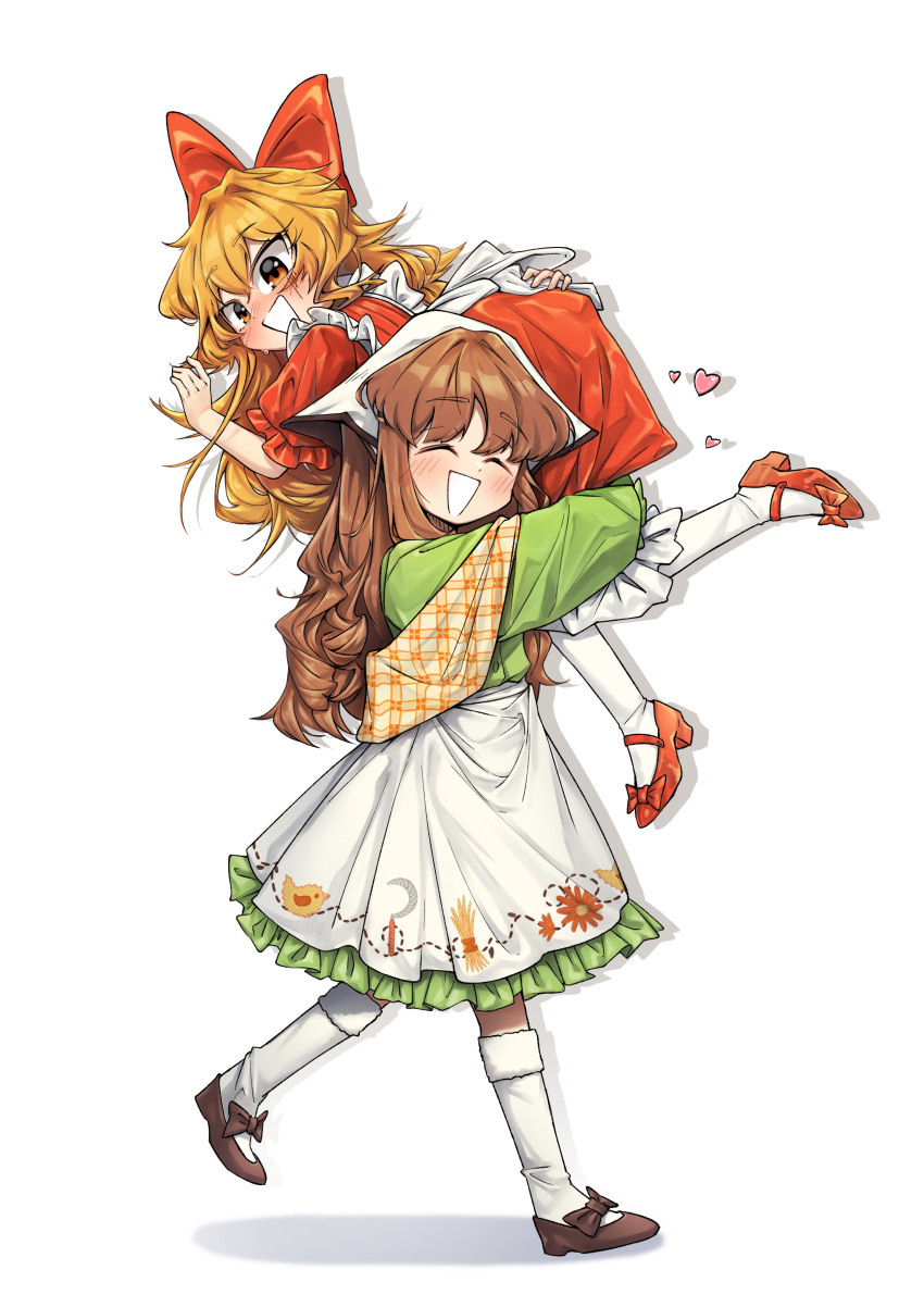 2girls, :d, ^_^, absurdres, apron, blonde_hair, bow, brown_footwear