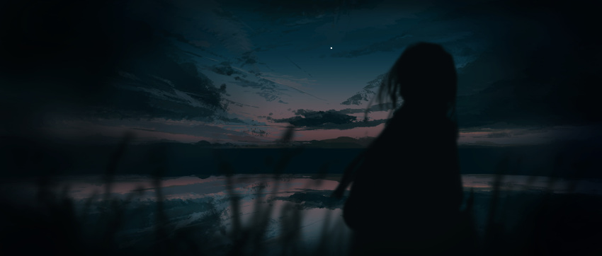 1girl, absurdres, blurry, blurry_foreground, clouds, cloudy_sky, dark, dark_background