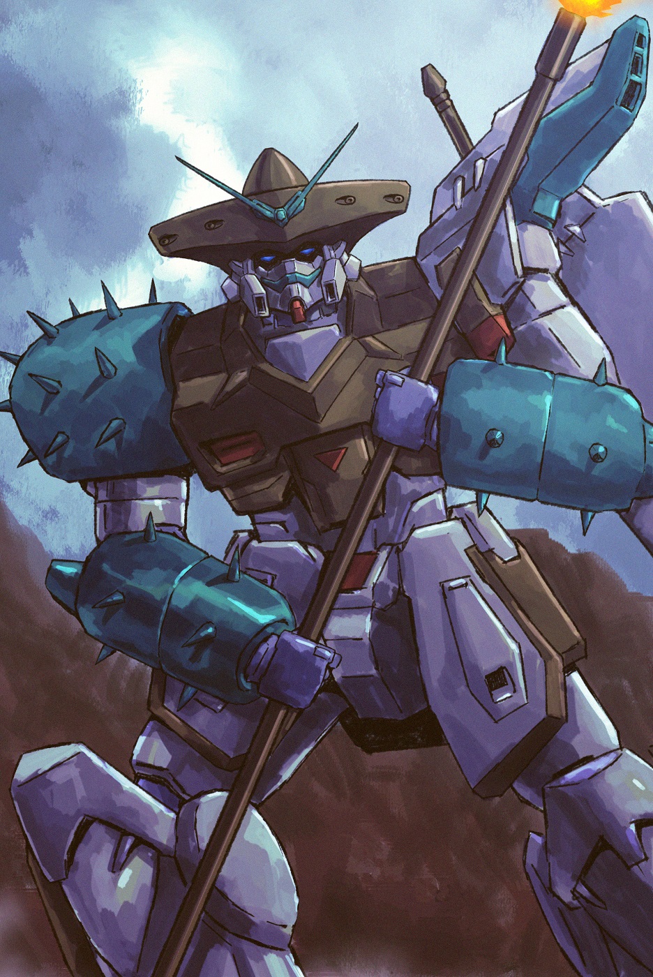 adi_(adivider), antennae, beam_trident, clouds, english_commentary, facial_hair, g_gundam, gun