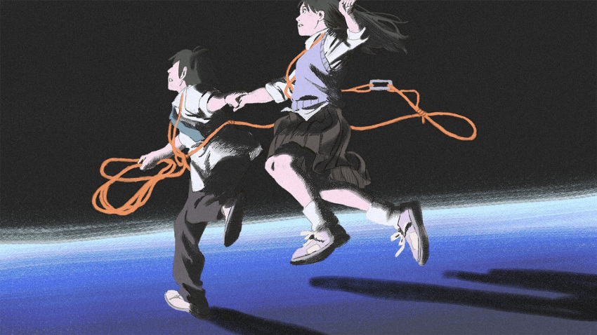 1boy, 1girl, amber389, black_hair, black_pants, black_skirt, blue_necktie, dark_background, full_body, grey_sweater_vest, grey_vest, highres, holding_hands, jumping, long_hair, loose_socks, mizuho_(sonny_boy), nagara_(sonny_boy), necktie, pants, rope, running, school_uniform, shadow, shirt, shoes, short_hair, skirt, sneakers, socks, sonny_boy, sweater_vest, sweater_vest_lift, vest, white_shirt