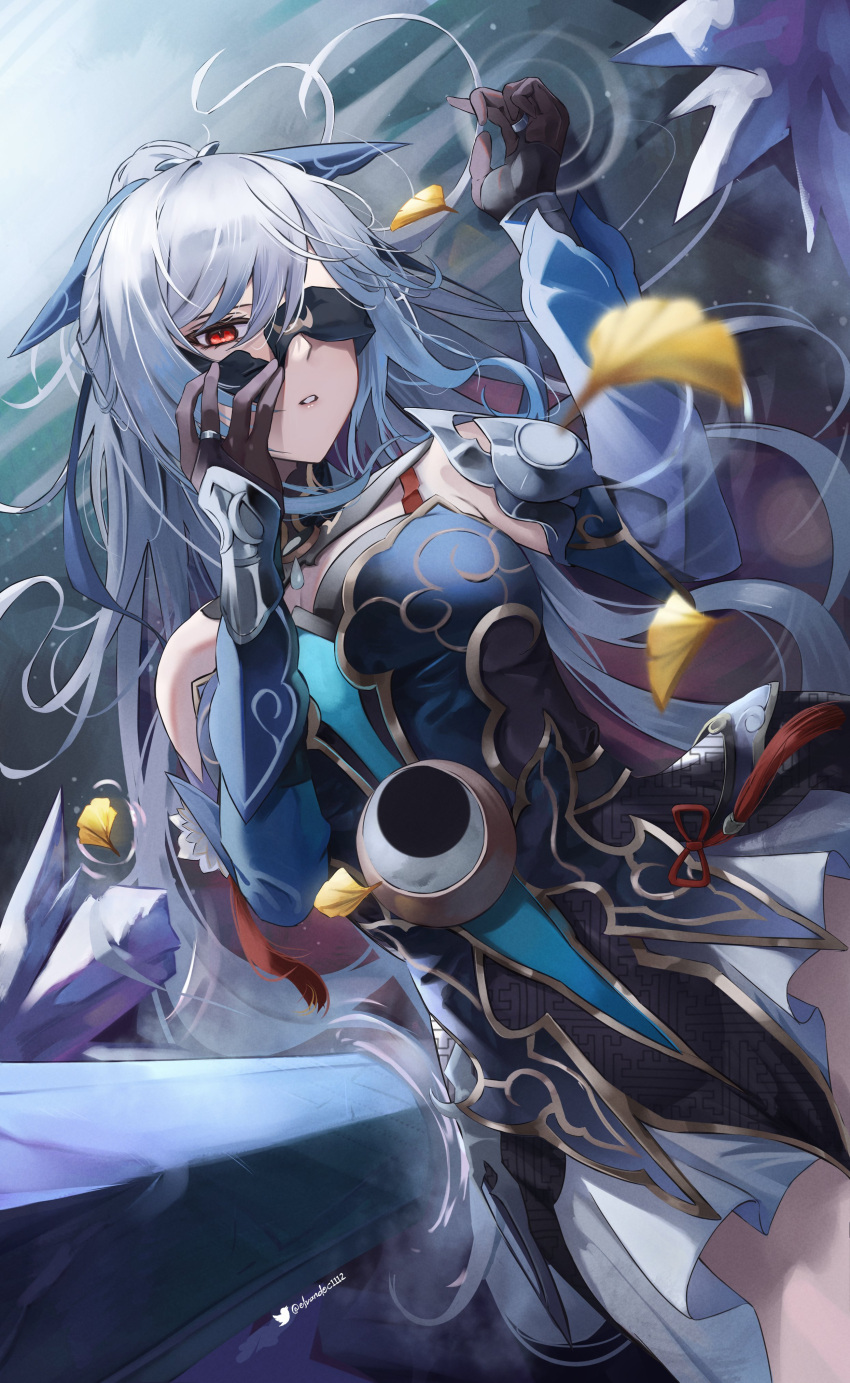 1girl, absurdres, artist_name, bare_shoulders, black_blindfold, black_gloves, blindfold, blue_sleeves