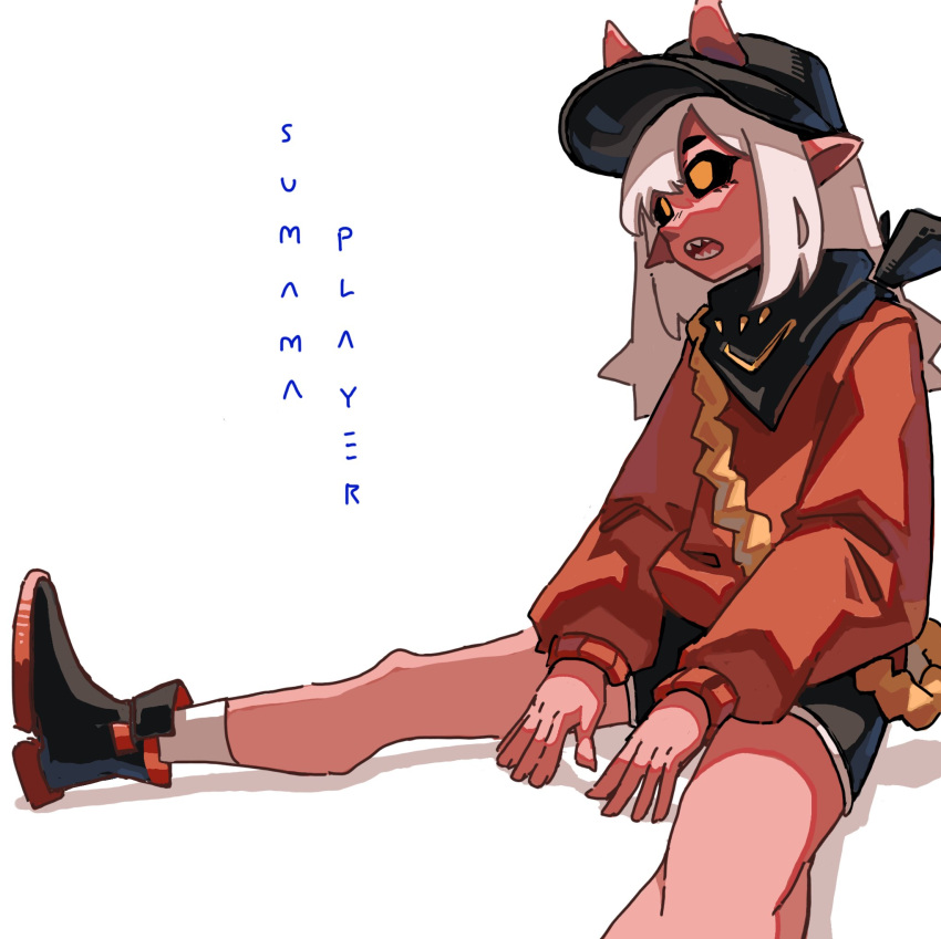 1girl, bandana, bandana_around_neck, black_bandana, black_footwear, black_headwear, black_sclera, black_shorts