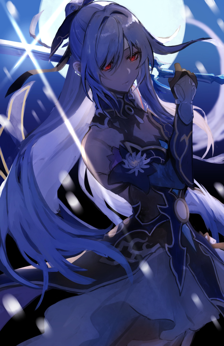 1girl, absurdres, arm_up, bare_shoulders, black_gloves, blue_sleeves, detached_sleeves, epiphyllum