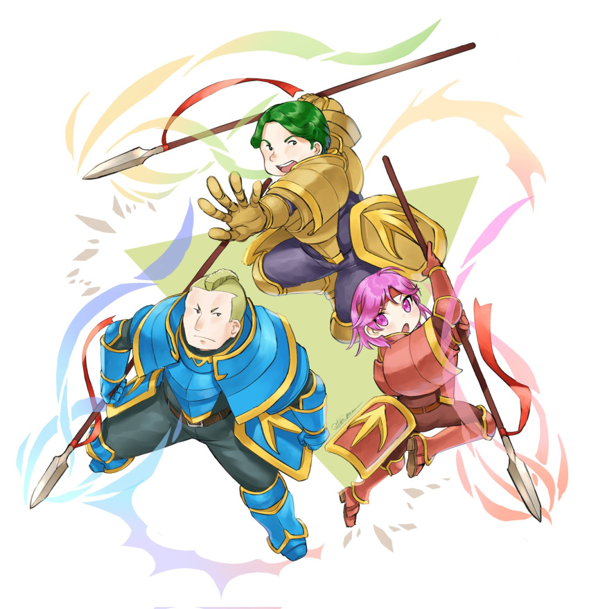 1girl, 2boys, armor, barthe_(fire_emblem), blue_armor, bors_(fire_emblem), brother_and_sister, fire_emblem