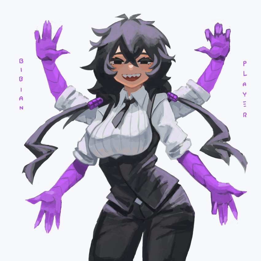 1girl, bibian_(player), black_eyes, black_hair, breasts, cowboy_shot, cup, extra_arms