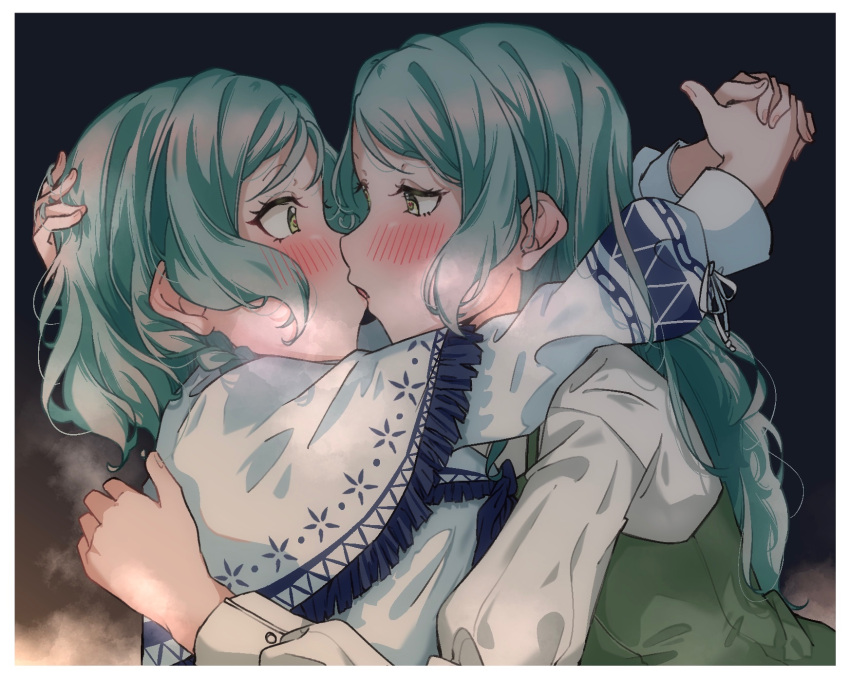 2girls, aqua_hair, bang_dream!, blush, dress, extreme_yuri_buta, green_dress, green_eyes