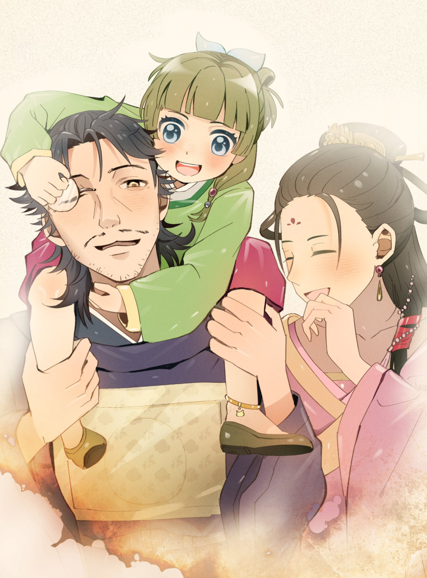 1boy, 2girls, aged_down, alternate_universe, anklet, arm_around_neck, beads, black_hair, blue_eyes, blunt_bangs, brown_hair, burnt, carrying, child, chinese_clothes, dao201343237689, earrings, facial_hair, facial_mark, family, father_and_daughter, fengxian_(kusuriya_no_hitorigoto), flats, forehead_mark, hair_over_shoulder, hair_pulled_back, hand_up, hands_up, hanfu, happy, highres, jewelry, kusuriya_no_hitorigoto, lakan_(kusuriya_no_hitorigoto), maomao_(kusuriya_no_hitorigoto), monocle, mother_and_daughter, multiple_girls, mustache, pink_robe, pink_skirt, robe, shoulder_carry, simple_background, skirt, spoilers, stubble, upper_body, yellow_eyes