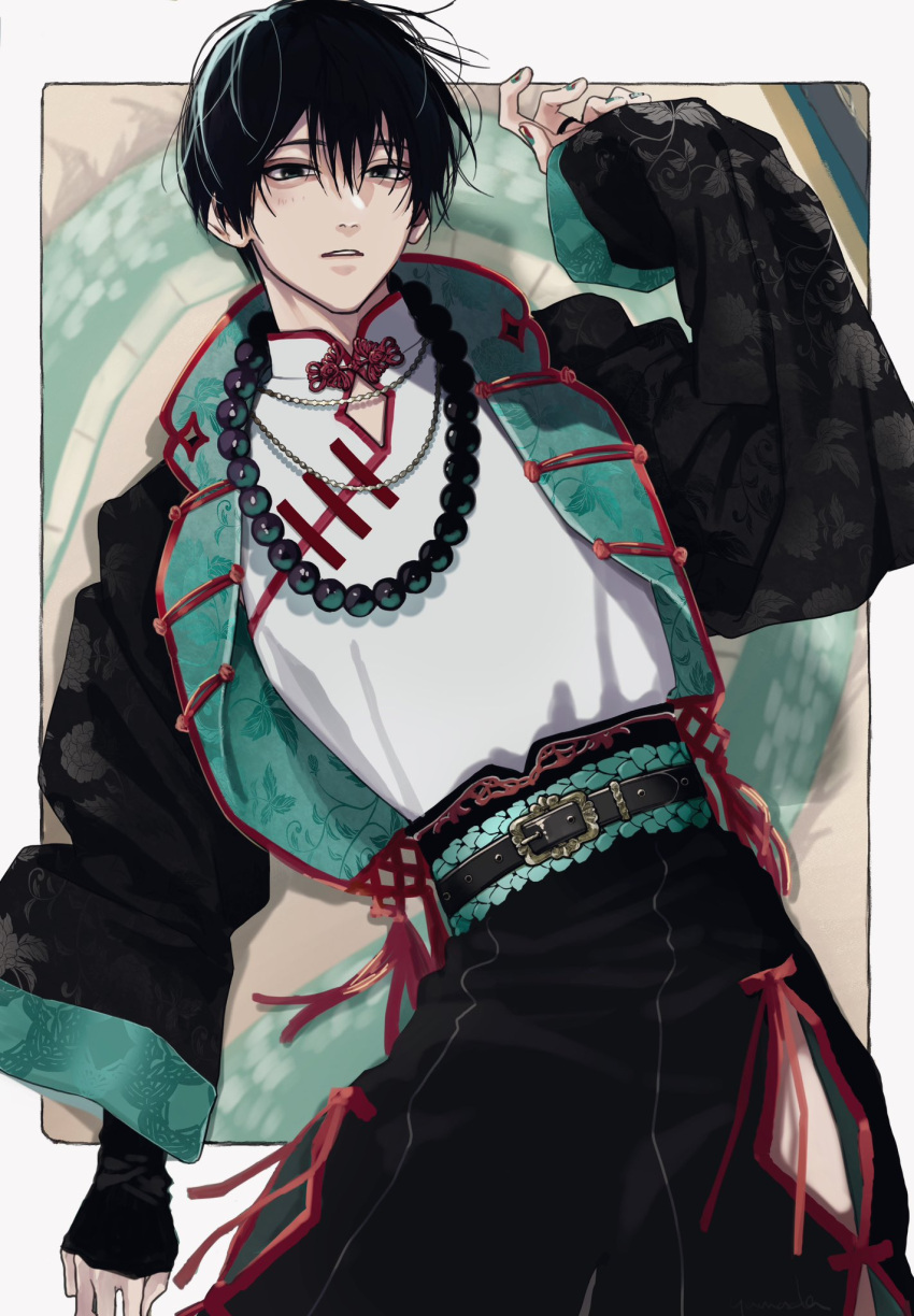 1boy, bead_necklace, beads, belt, black_hair, black_pants, blurry, blurry_background