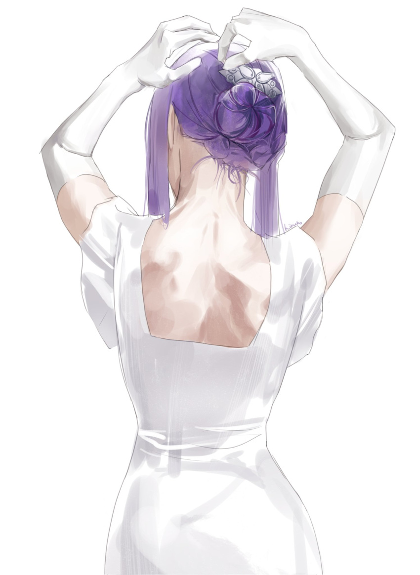 1girl, arms_up, dress, dressing, fern_(sousou_no_frieren), from_behind, gloves, hair_bun