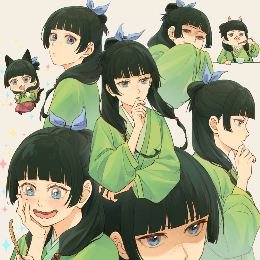 1girl, :t, animal_ears, backpack_basket, beads, black_hair, blue_bow, blue_eyes