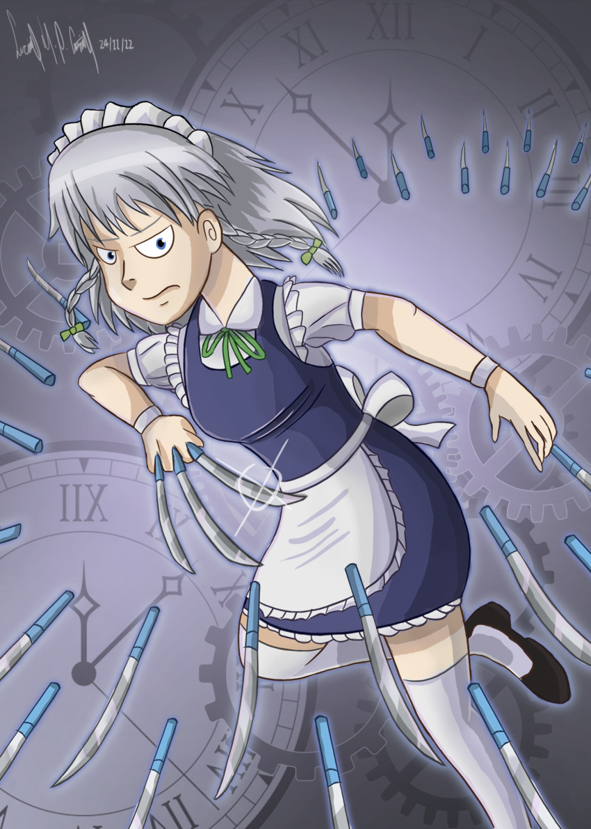 apron, cartoonized, highres, izayoi_sakuya, knife, lupeco98, maid, purple_background
