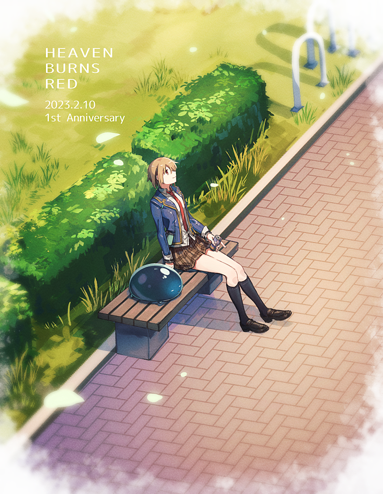 1girl, anniversary, bench, black_footwear, black_socks, blazer, blonde_hair, blue_jacket