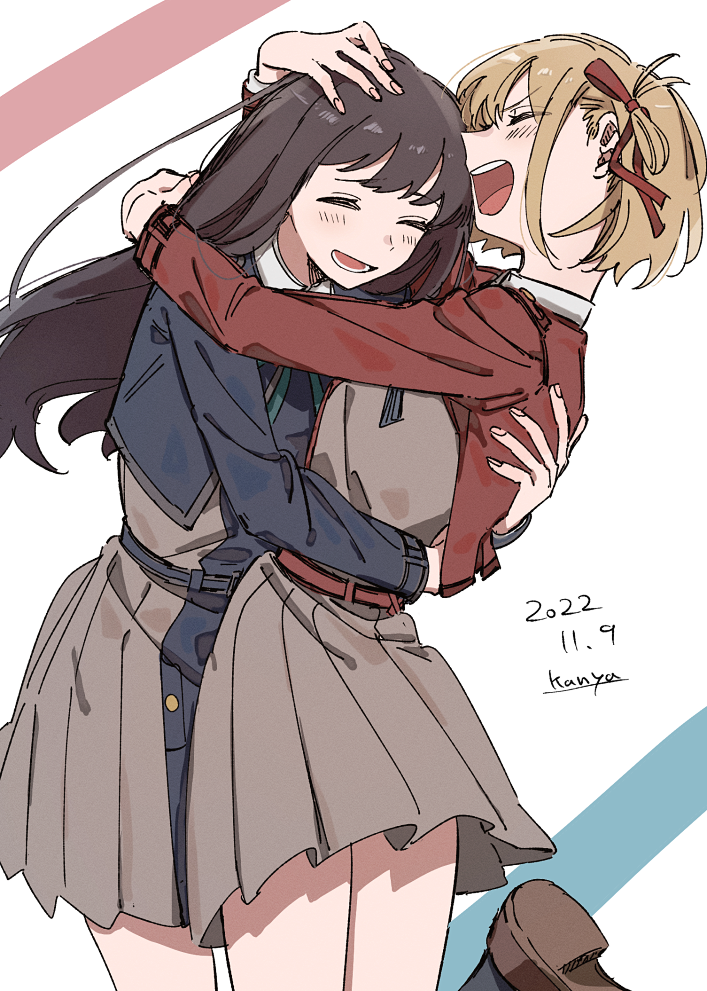 2girls, artist_name, black_hair, black_socks, blonde_hair, blue_dress, blush, brown_footwear