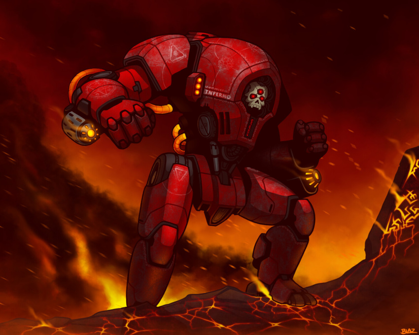 armor, blaz_b._aros, chipped_paint, day_of_wrath_(infinitypilot), english_text, extra_eyes, fangs, fire