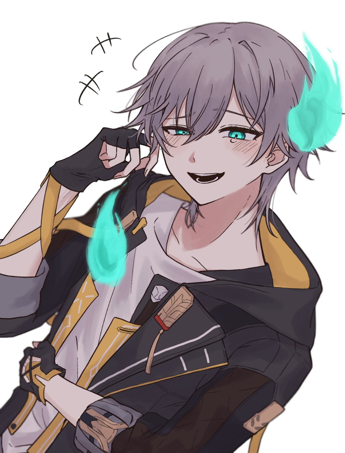 +++, 1boy, :d, aqua_eyes, black_gloves, black_jacket, blue_fire, blush