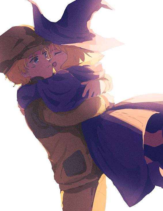 1boy, 1girl, :d, artesia_som_deikun, blonde_hair, blue_eyes, boots, brother_and_sister, brown_headwear, brown_jacket, brown_pants, cabbie_hat, casval_rem_deikun, char_aznable, child, closed_eyes, closed_mouth, film_grain, gundam, hat, hug, jacket, long_sleeves, looking_at_another, mobile_suit_gundam_the_origin, open_mouth, pants, purple_footwear, purple_headwear, purple_robe, robe, sayla_mass, short_hair, siblings, simple_background, smile, tira_zhang, white_background, witch, witch_hat