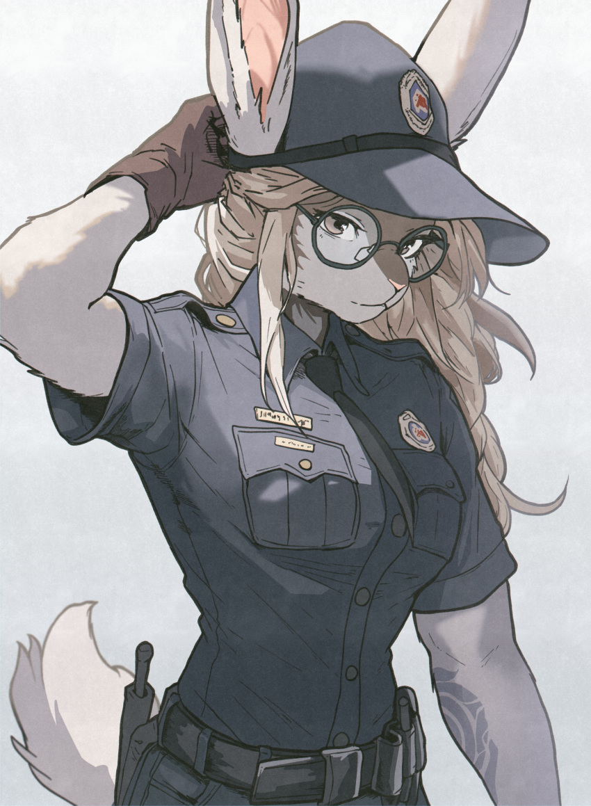 1girl, absurdres, adjusting_clothes, adjusting_headwear, animal_ears, arm_tattoo, belt, black-framed_eyewear