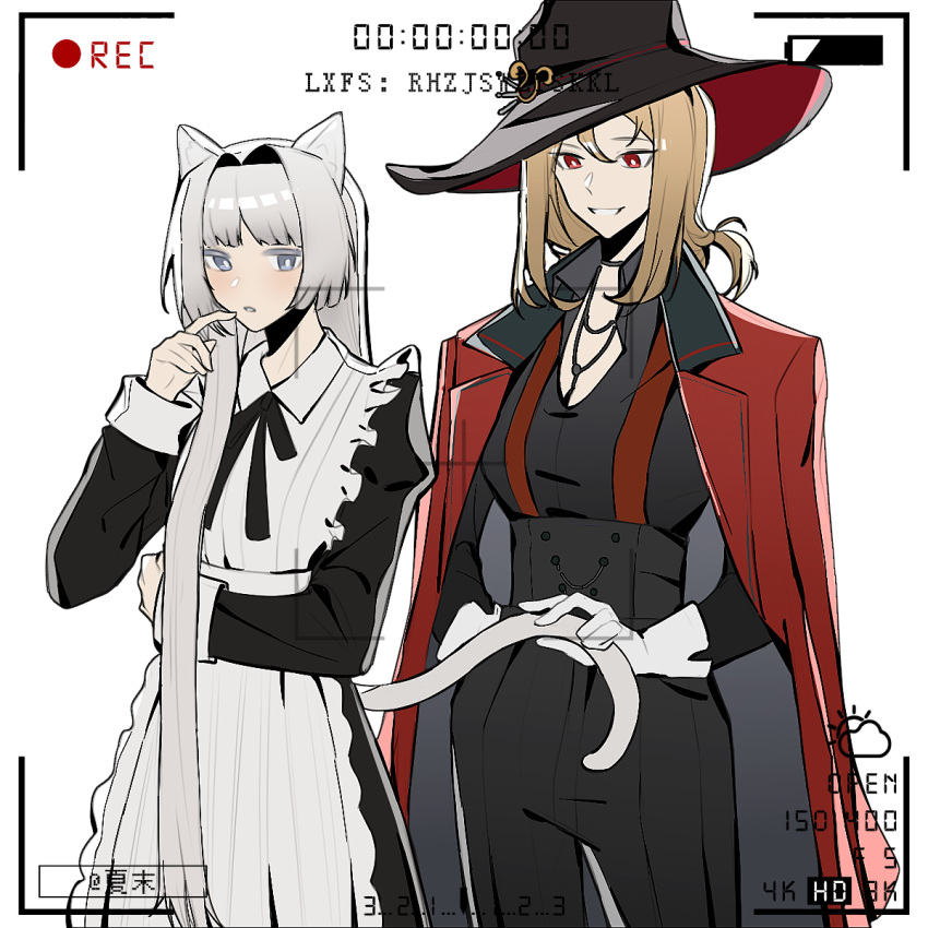 2girls, animal_ears, apron, artist_request, black_dress, black_headwear, black_pants, black_ribbon, black_shirt, blue_eyes, blush, cat_ears, cat_girl, cat_tail, chinese_commentary, chinese_text, coat, coat_on_shoulders, commentary_request, commission, dikke_(reverse:1999), dress, finger_to_cheek, frilled_apron, frills, grey_hair, grin, hair_intakes, hat, high-waist_pants, highres, holding_another's_tail, jewelry, juliet_sleeves, long_hair, long_sleeves, maid, medium_hair, multiple_girls, neck_ribbon, necklace, no_mole, pants, puffy_sleeves, red_coat, red_eyes, reverse:1999, ribbon, second-party_source, shirt, simple_background, sleeve_cuffs, smile, suspenders, tail, tennant_(reverse:1999), very_long_hair, viewfinder, white_apron, white_background, yuri