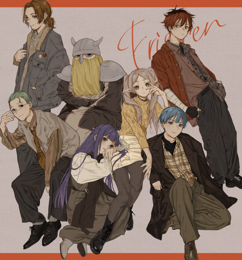 2girls, 5boys, absurdres, adapted_costume, adjusting_eyewear, arm_pillow, arm_wrap, armor