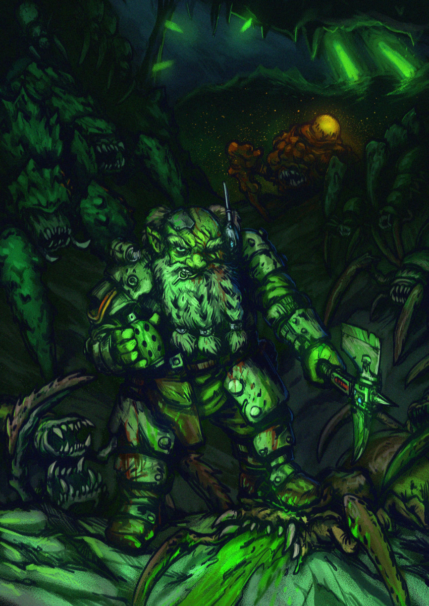 1boy, absurdres, armor, bald, beard, blood, blood_on_clothes, cave, claws, clenched_teeth, commentary, deep_rock_galactic, engineer, english_commentary, explosive, facial_hair, full_body, glyphid_bulk_detonator, glyphid_grunt, green_blood, green_theme, grenade, grenade_pin, grenade_pin_in_mouth, highres, holding, holding_grenade, holding_pickaxe, injury, joe_duncan, male_focus, monster, one_eye_closed, pickaxe, sharp_teeth, shoulder_armor, solo_focus, standing, teeth