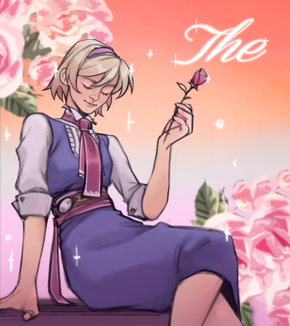 1girl, alice_margatroid, arm_support, belt, blonde_hair, blue_dress, bow, bowtie