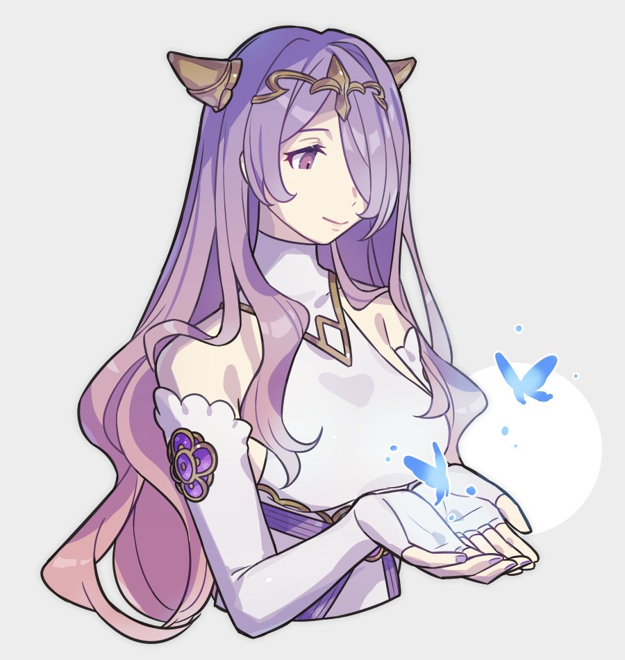 1girl, bare_shoulders, bug, butterfly, camilla_(adrift)_(fire_emblem), camilla_(fire_emblem), closed_mouth, cropped_torso