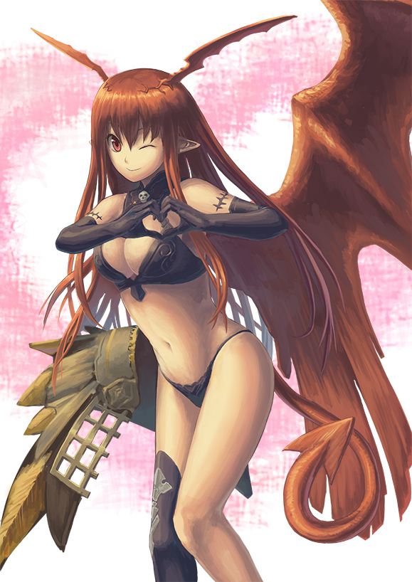 brown_eyes, brown_hair, demon_girl, demon_tail, demon_wings, elbow_gloves, female, gloves