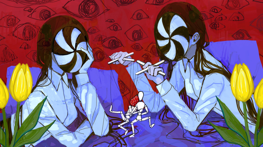 2girls, arm_on_table, bad_link, black_hair, clone, collared_shirt, commentary_request, control_bar