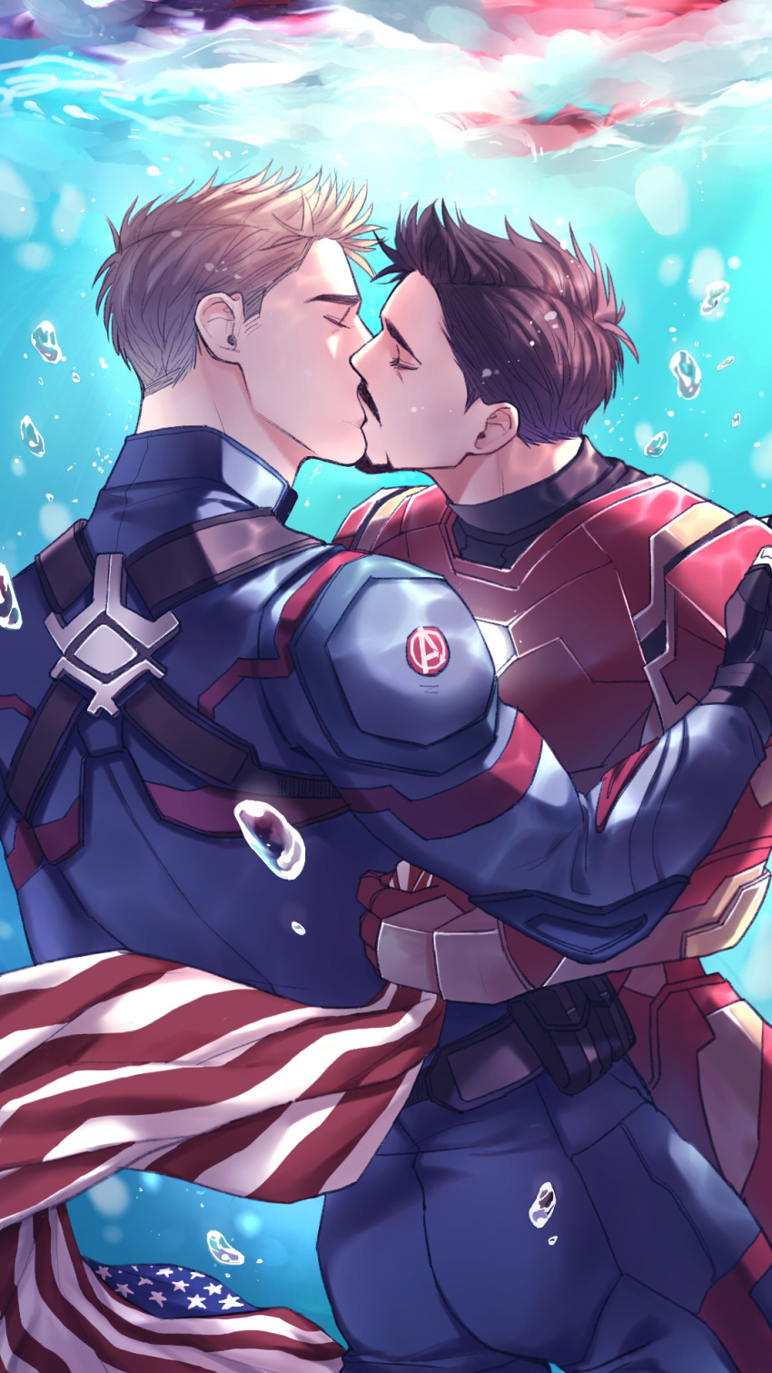 2boys, american_flag, animification, arc_reactor, arethusa_smile, armor, avengers_(series), back, belt, black_belt, black_gloves, blonde_hair, blue_bodysuit, bobbles, bodysuit, brown_hair, captain_america, closed_eyes, english_commentary, facial_hair, fingerless_gloves, flag, french_kiss, full_armor, gloves, hand_up, highres, holding, holding_flag, iron_man, kiss, male_focus, marvel, marvel_cinematic_universe, multicolored_armor, multiple_boys, pocket, power_armor, red_armor, short_hair, steve_rogers, superhero, tony_stark, underwear, yaoi, yellow_armor
