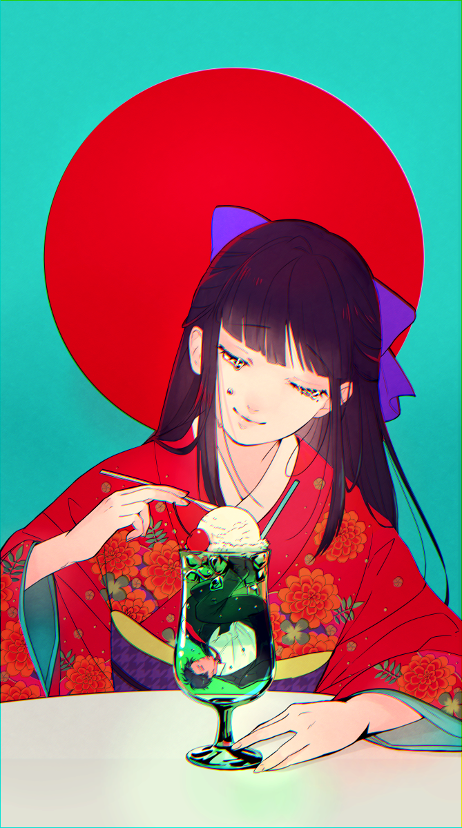 1boy, 1girl, arm_on_table, black_hair, black_suit, blunt_bangs, bow, cherry