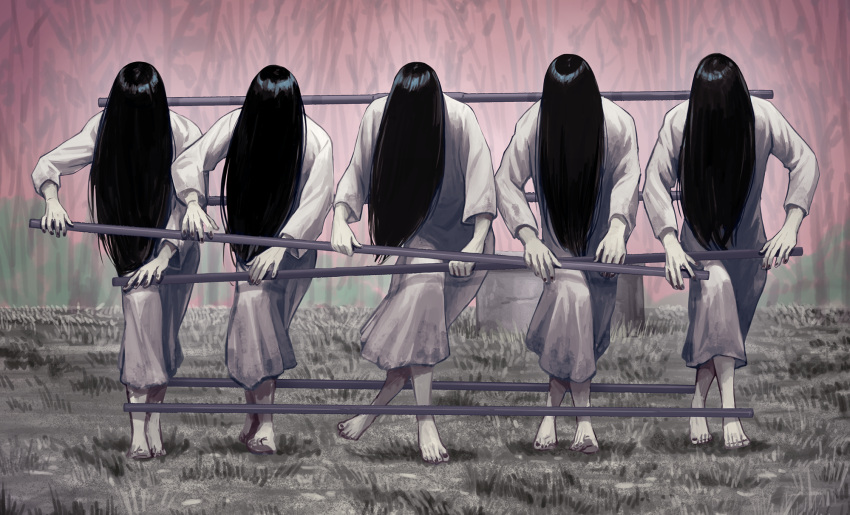 5girls, barefoot, clone, commentary_request, covered_face, crossed_legs, dancing, dress