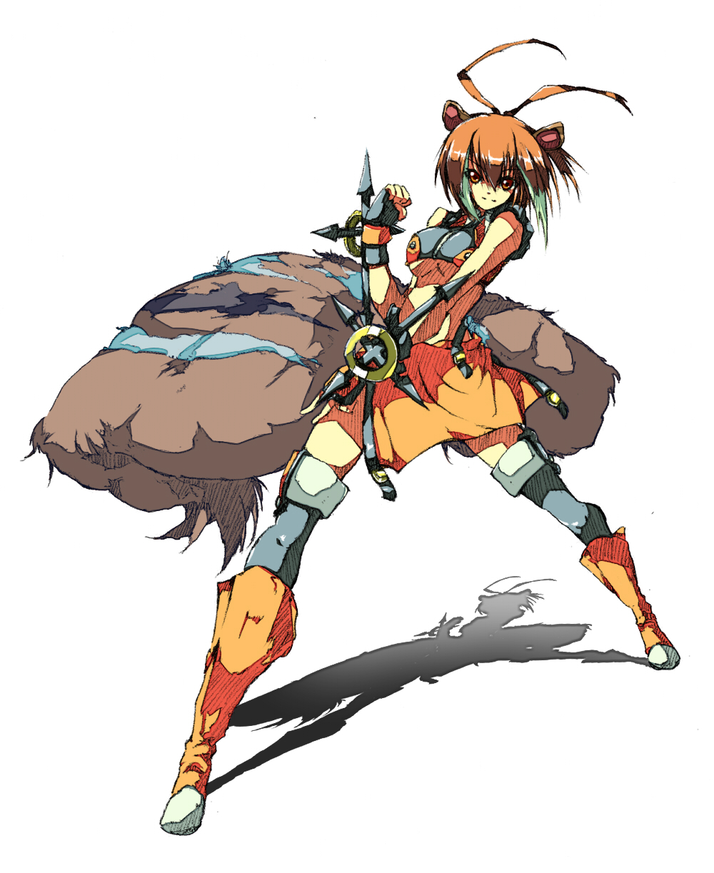 animal_ears, antenna_hair, bare_shoulders, blazblue, breasts, brown_eyes, brown_hair, fingerless_gloves