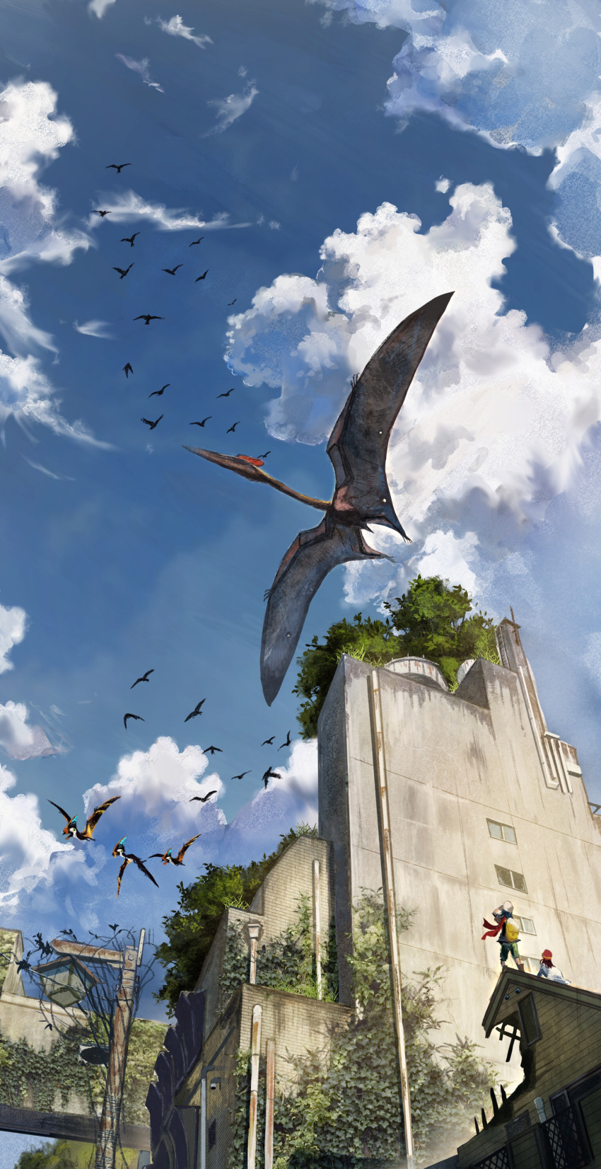 2girls, abandoned, absurdres, ari_hinoko, blue_sky, building, clouds, cumulonimbus_cloud