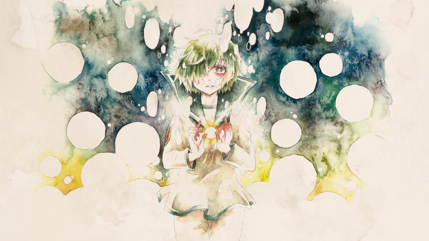 1girl, cupping_hands, green_hair, green_sailor_collar, hair_over_one_eye, highres, kurage_nanami, lala_(watashi_no_koko)