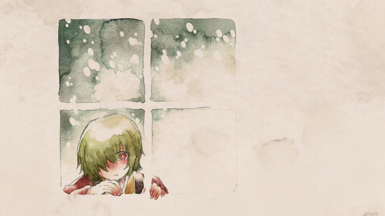 1girl, blush, closed_mouth, green_hair, hair_over_one_eye, hand_on_window, japanese_clothes, kimono