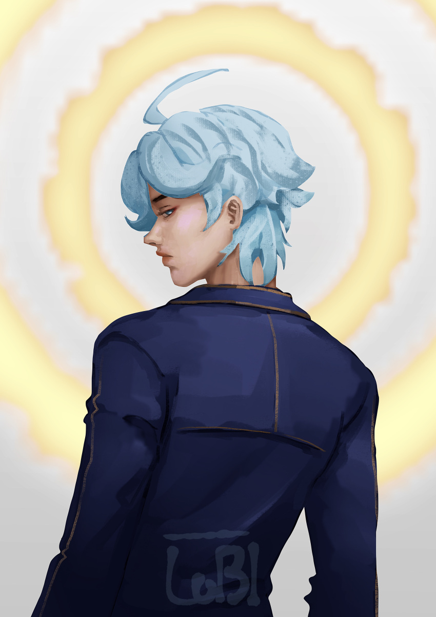 1boy, absurdres, ahoge, arashan_javier, artist_name, blue_eyes, blue_hair, blue_jacket, english_commentary, highres, jacket, long_sleeves, looking_back, male_focus, shanachups, short_hair, solo, the_greatest_estate_developer
