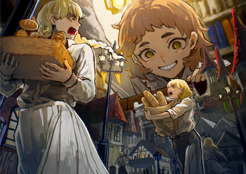 2boys, 3girls, absurdres, bag, baguette, basket, black_pants, blonde_hair