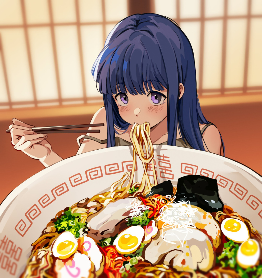 1girl, blue_eyes, blue_hair, bowl, chopsticks, eating, egg, food