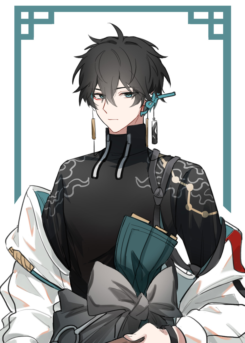 1boy, 625light, absurdres, aqua_eyes, arm_at_side, asymmetrical_eyeliner, black_hair, black_shirt