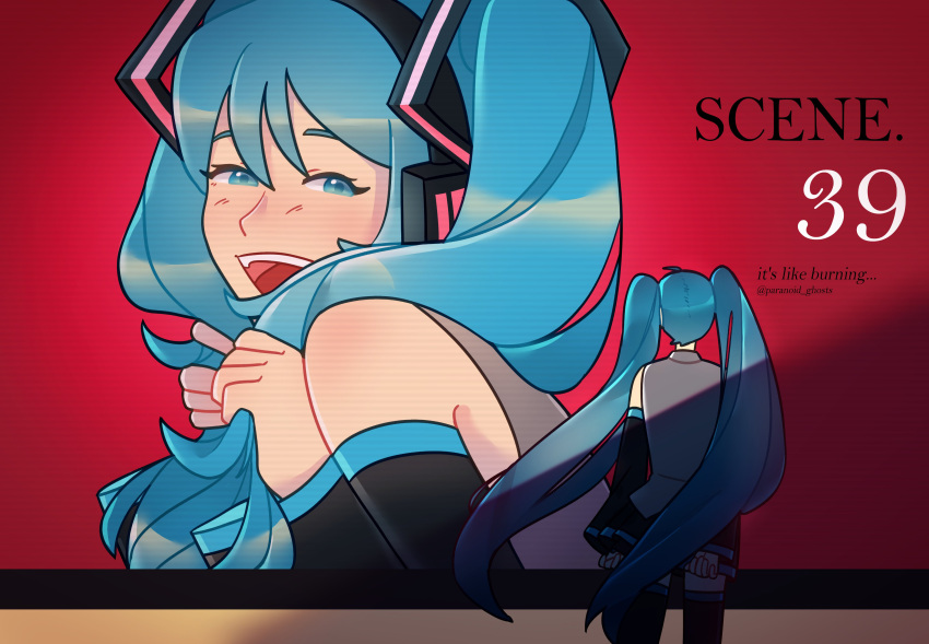 2girls, absurdres, billboard, black_skirt, black_sleeves, black_thighhighs, blue_eyes, blue_hair
