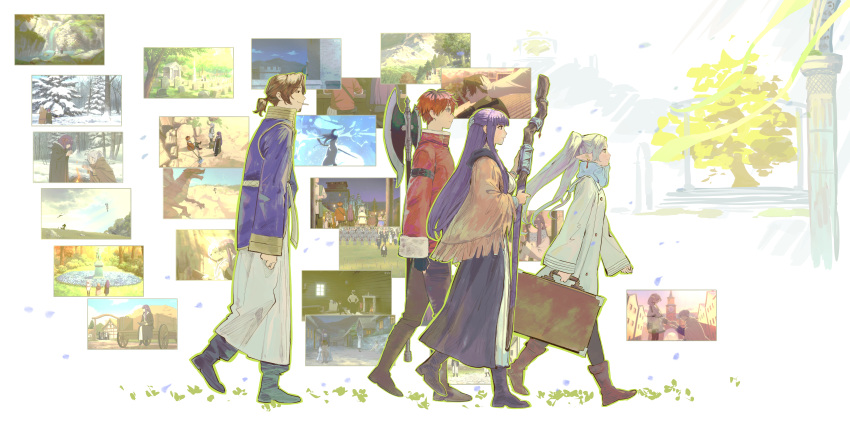 2boys, 2girls, absurdres, axe, bag, battle_axe, beard, black_coat