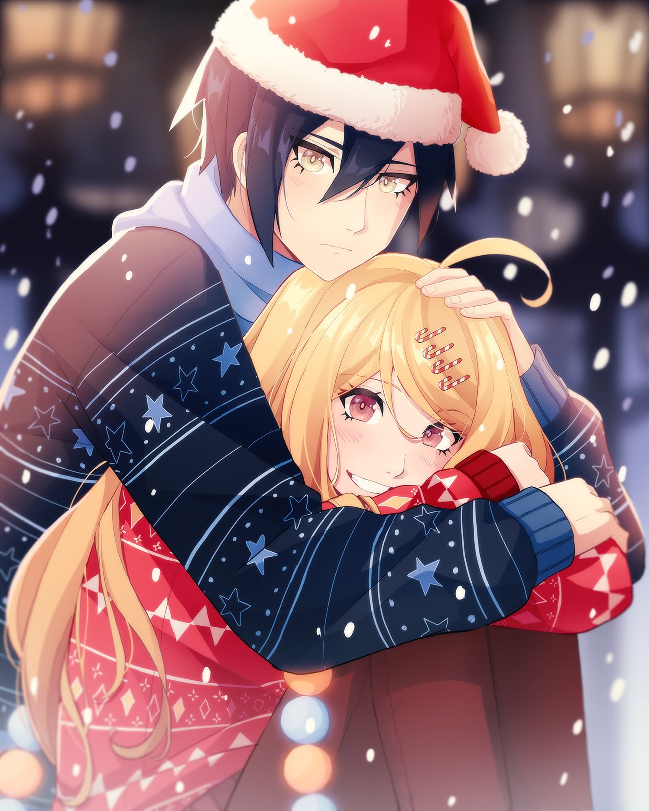 1boy, 1girl, ahoge, akamatsu_kaede, alternate_costume, alternate_hair_ornament, black_hair, black_sweater