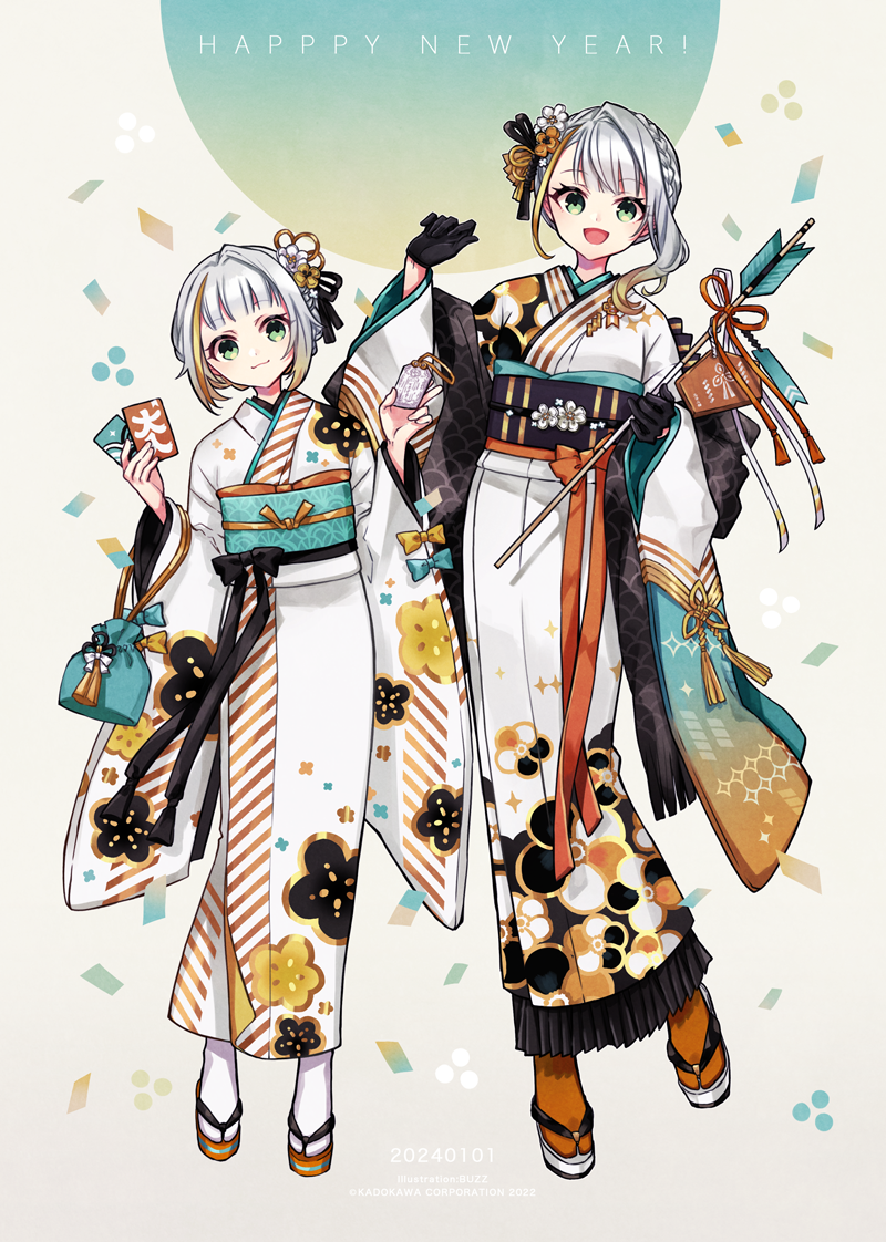 2girls, a.i._voice, arrow_(projectile), asymmetrical_bangs, bag, black_gloves, black_kimono, blonde_hair