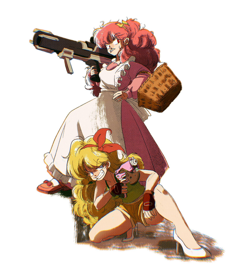 angry, apron, basket, bow, curly_hair, dragon_ball, dress, green_tank_top