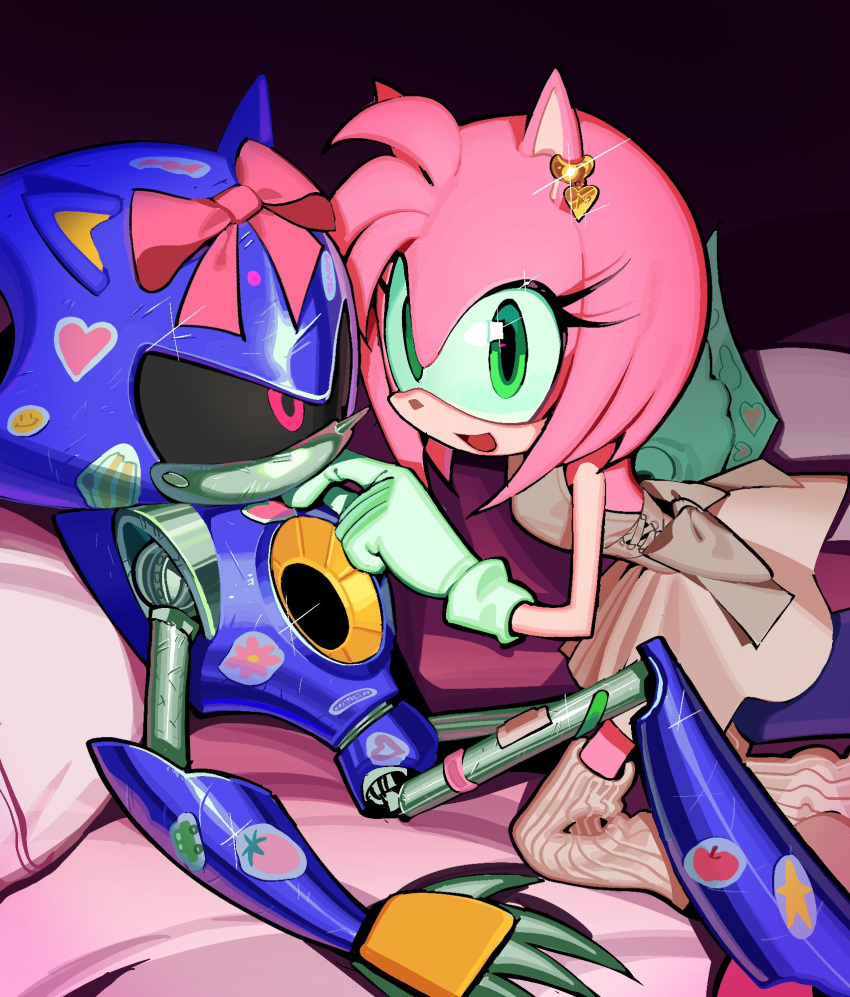 1boy, 1girl, alternate_costume, amy_rose, animal_ears, animal_nose, bow, commentary_request