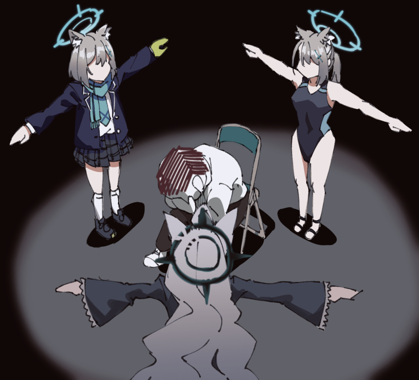 1boy, 3girls, animal_ears, bent_over, black_dress, black_one-piece_swimsuit, black_pants, black_skirt, blazer, blue_archive, blue_necktie, blue_scarf, broken_halo, business_casual, chair, changecolor, collared_shirt, commentary, competition_school_swimsuit, cross_hair_ornament, depressed, doodle_sensei_(blue_archive), dress, english_commentary, extra_ears, folding_chair, from_above, full_body, gloom_(expression), grey_hair, hair_between_eyes, hair_ornament, halo, highres, jacket, kneehighs, long_hair, long_sleeves, looking_at_another, medium_hair, meme, multiple_girls, multiple_persona, necktie, neon_genesis_evangelion, official_alternate_costume, official_alternate_hairstyle, one-piece_swimsuit, outstretched_arms, pants, parody, plaid, plaid_skirt, pleated_skirt, sandals, scarf, school_swimsuit, school_uniform, sensei_(blue_archive), shinji_in_a_chair_(meme), shiroko_(blue_archive), shiroko_(swimsuit)_(blue_archive), shiroko_terror_(blue_archive), shirt, shoes, sidelocks, sitting, skirt, sneakers, socks, spread_arms, standing, swimsuit, t-pose, white_shirt, white_socks, wide_sleeves, wolf_ears, wolf_girl
