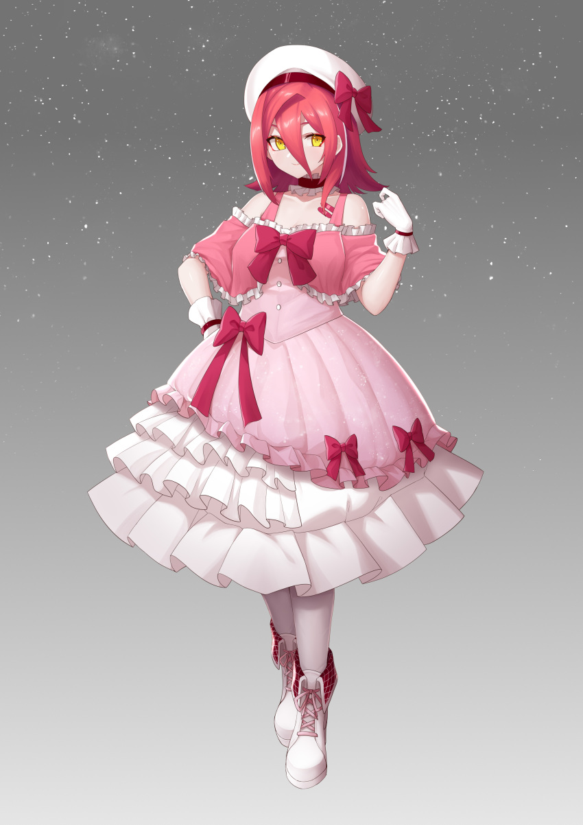 1girl, absurdres, bandaid, beret, bow, buttons, dress, gloves