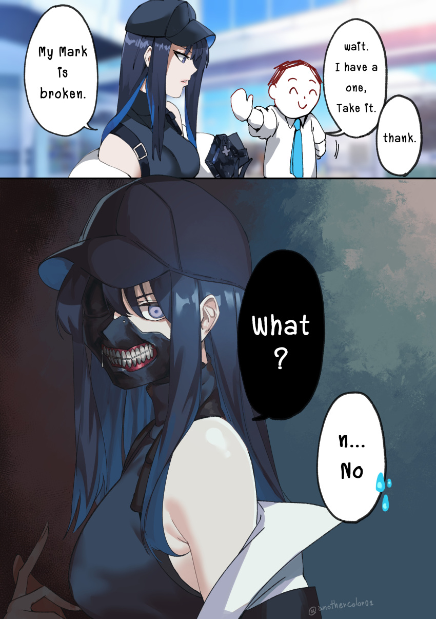 1boy, 1girl, absurdres, baseball_cap, black_coat, black_gloves, black_hair, blue_archive