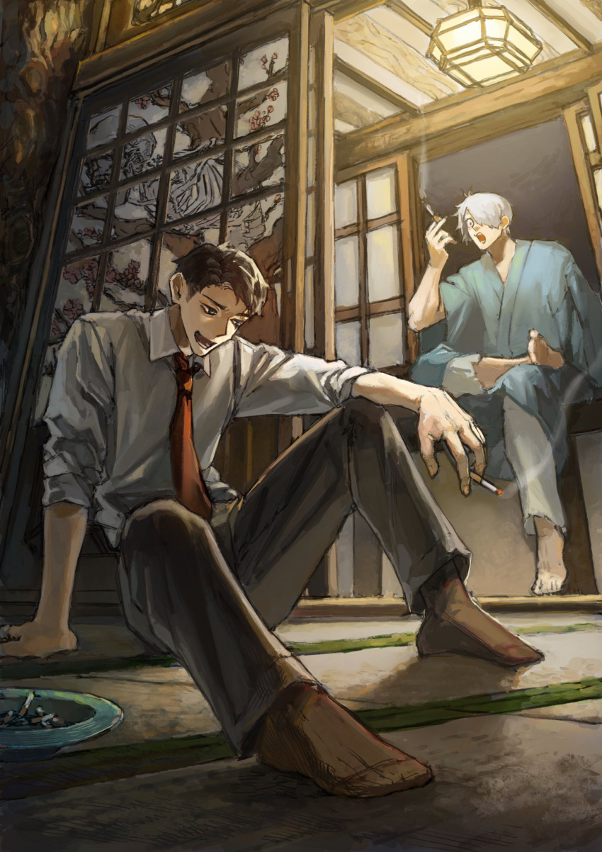 2boys, :o, architecture, arm_on_knee, arm_support, ashtray, barefoot, between_fingers